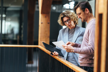 Two business colleagues discussing a document in an office