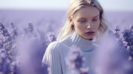 Art of Elegance, Sophisticated Couture Displayed in a Liminal Lavender Space under Dramatic Light, generative ai.	