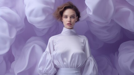 Art of Elegance, Sophisticated Couture Displayed in a Liminal Lavender Space under Dramatic Light, generative ai.	