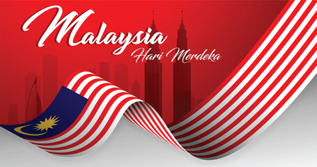 Vector illustration of happy Malaysia day- 16 September. Ribbon flag With cityscape - obrazy, fototapety, plakaty