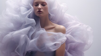 Art of Elegance, Sophisticated Couture Displayed in a Liminal Lavender Space under Dramatic Light, generative ai.	