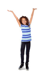 Obraz premium Excited, child and girl with arms raised in celebration, motivation or winner in victory on transparent, isolated or png background. Success, achievement or portrait of happiness and kid winning