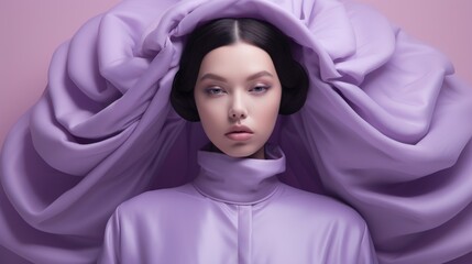 Art of Elegance, Sophisticated Couture Displayed in a Liminal Lavender Space under Dramatic Light, generative ai.	