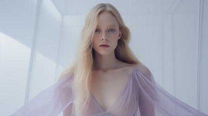 Art of Elegance, Sophisticated Couture Displayed in a Liminal Lavender Space under Dramatic Light, generative ai.	