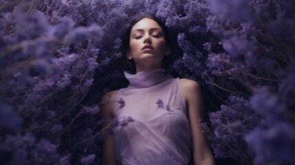Art of Elegance, Sophisticated Couture Displayed in a Liminal Lavender Space under Dramatic Light, generative ai.	