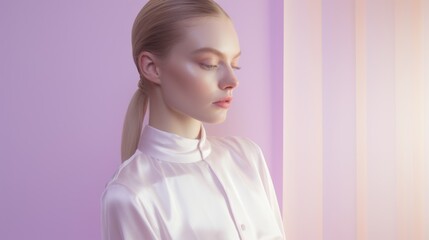 Art of Elegance, Sophisticated Couture Displayed in a Liminal Lavender Space under Dramatic Light, generative ai.	