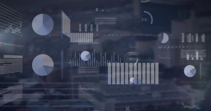 Animation of multiple graphs, loading circles and trading board over modern city in background