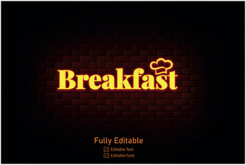 Glowing neon restaurant logo and  icon on a dark brick wall background. Light effect hot beverage or cafe sign. Vector illustration