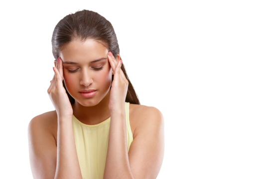 Pain, massage and a woman with a headache, burnout and stress from a problem. Sad, tired and a girl with a migraine, frustrated or fatigue from mental health isolated on a transparent png background