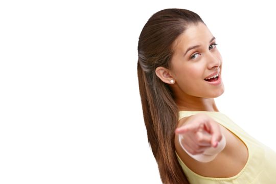 Choice, pointing and portrait of business woman on png for offer, decision or announcement. Motivation, professional and smile with face of female employee isolated on transparent background for deal