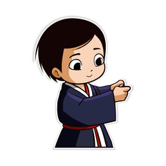 Japanese boy with kimono suit vector sticker design illustration, kimono dress kung fu fight cartoon character, japan national dress