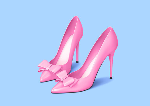 Pink high heels shoes with bow isolated on blue background. Clipping path included