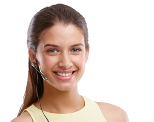 Callcenter, smile and portrait of woman isolated on transparent png background in crm, advice and sales. Communication, telemarketing and happy help desk consultant, customer service agent or advisor