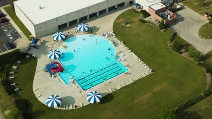 Aerial footage of the Benjamin Harrison YMCA public pool in Lawrence, Indiana.