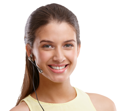 Callcenter, smile and portrait of woman isolated on transparent png background in crm, advice and sales. Communication, telemarketing and happy help desk consultant, customer service agent or advisor