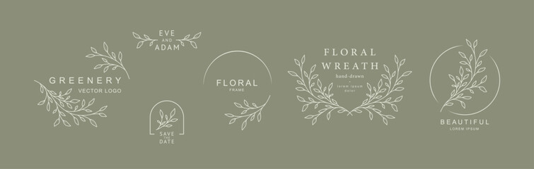 Botanical logo templates with minimalist floral elements. Vector illustration in line art style