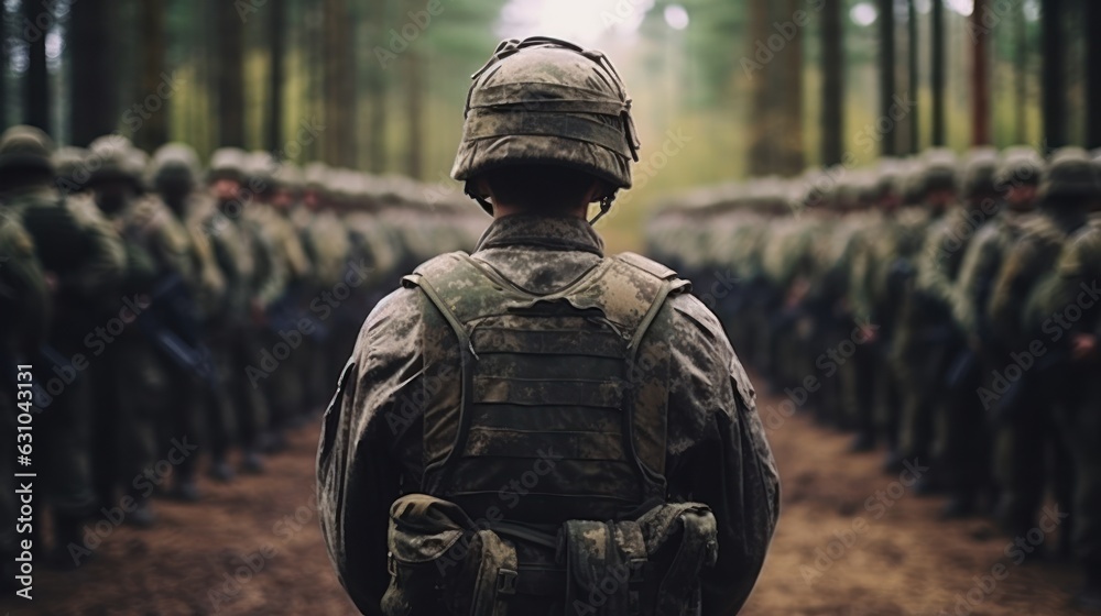 Wall mural back view of solider standing in the row of group army 