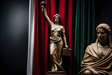 Fototapeta premium Mexico flag with statue of lady justice, constitution and judge hammer on black drapery. AI generated
