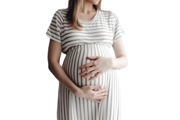 Transparent pregnant girl holds her hands on her stomach, a woman has bloating and flatulence. Gas formation in the intestines in pregnant, improper functioning of the gastrin. Transparent Background