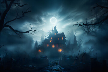 Moonlit Haunting: The Eerie Charm of the Mansion in the Mist ai generated art  - obrazy, fototapety, plakaty