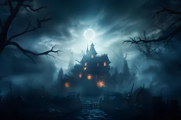 Fototapete Vollmond Moonlit Haunting: The Eerie Charm of the Mansion in the Mist ai generated art 