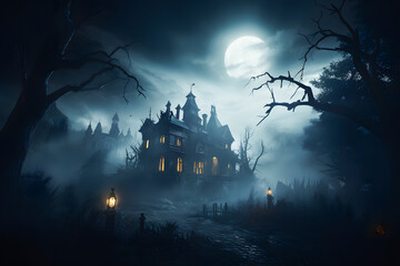 halloween background with castle and full moon ai generated art  - obrazy, fototapety, plakaty
