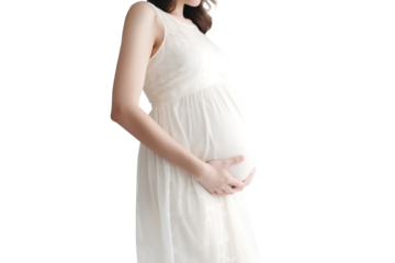 Transparent pregnant girl holds her hands on her stomach, a woman has bloating and flatulence. Gas formation in the intestines in pregnant, improper functioning of the gastrin. Transparent Background