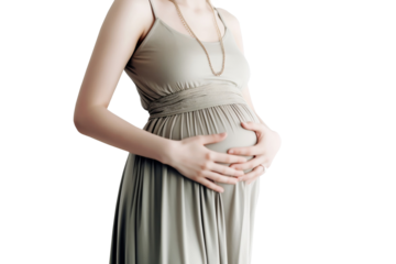 Transparent pregnant girl holds her hands on her stomach, a woman has bloating and flatulence. Gas formation in the intestines in pregnant, improper functioning of the gastrin. Transparent Background