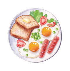 Watercolor breakfast illustration. White plate with fried egg, sausages, tomato and toast