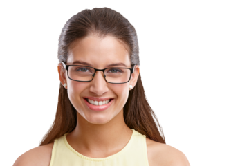 Smile, glasses and optometry with the portrait of a woman isolated on a transparent background for vision. Face, eyewear and frame lenses with a happy young female person on PNG for an eye exam