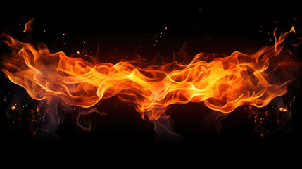 Fototapeta na wymiar translucent fire flames and sparks with horizontal repetition on black isolated background