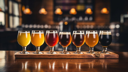 Close-up of craft beer tasting flight at the local brewery of small pint glasses in a row on a tray with rainbow variety of dark malt shouted to golden yellow hoppy ales on the bar - obrazy, fototapety, plakaty