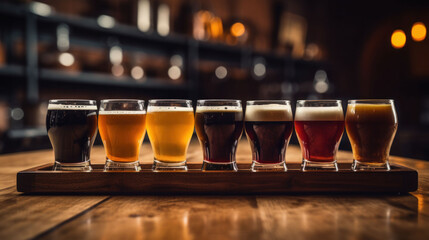 Close-up of craft beer tasting flight at the local brewery of small pint glasses in a row on a tray with rainbow variety of dark malt shouted to golden yellow hoppy ales on the bar