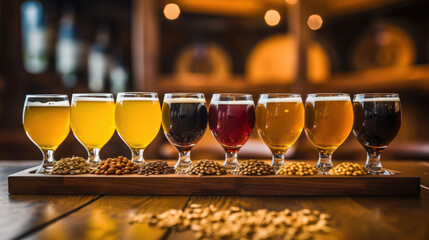 Close-up of craft beer tasting flight at the local brewery of small pint glasses in a row on a tray with rainbow variety of dark malt shouted to golden yellow hoppy ales on the bar - obrazy, fototapety, plakaty