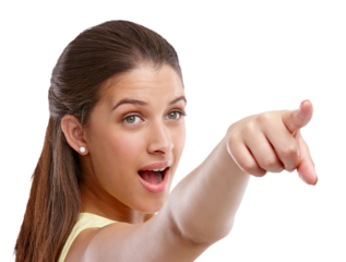 Woman, excited and pointing forward isolated on transparent png background on choice, motivation or direction. Girl with hand gesture showing deal information, presentation of opportunity or decision