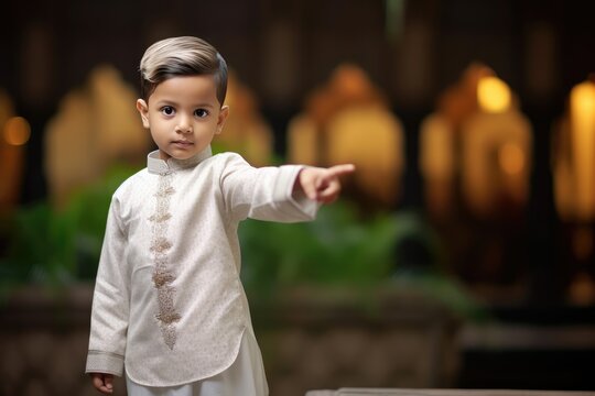 Young boy in a white traditional outfit, possibly Indian, pointing with a serious expression. Fictional Character Created By Generative AI.