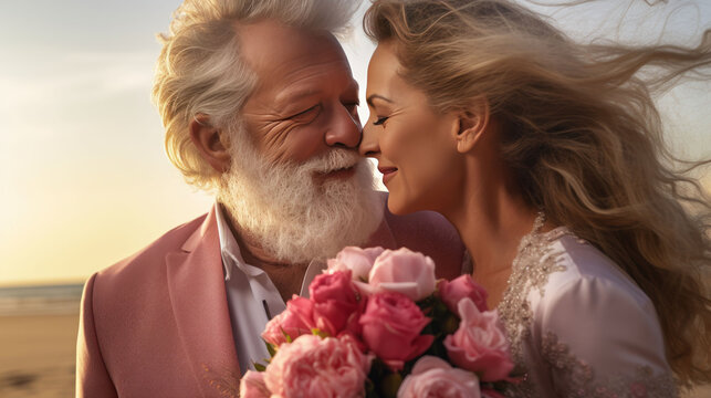 A handsome mature man with long white beard wearing suit happily married a mature woman on the beach holding a bouquet of flowers kissing