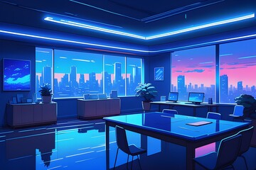 Blue neon lighting background and modern office room animatic ver.1- Generative AI - obrazy, fototapety, plakaty