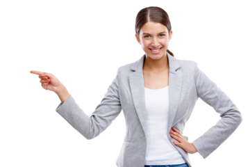 Business, pointing and woman with promotion, portrait and entrepreneur isolated on a transparent background. Happy, employee or consultant with gesture, png or opportunity for professional choice