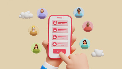 Refer a friend program concept. Hand holds a mobile phone with a list of friends on the screen. Referral program, Business partnership banner. 3D Illustration