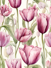 Fototapeta premium Tulips seamless floral watercolor pattern 