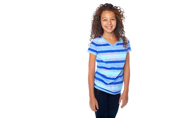 Portrait, smile and teen fashion with a girl isolated on a transparent background for youth style. Children or kids, happy and clothes with a cute young female child posing in a trendy outfit on PNG