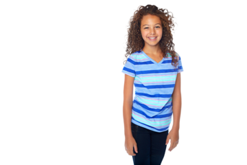Portrait, smile and teen fashion with a girl isolated on a transparent background for youth style. Children or kids, happy and clothes with a cute young female child posing in a trendy outfit on PNG