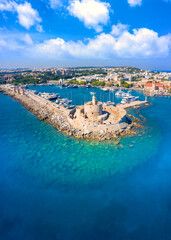 Naklejka premium Mandraki port with fort of St. Nicholas and windmills, Rhodes, Greece. 