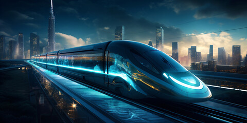 futuristic train at night, fictional train created with generative ai