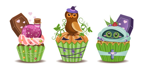 Hand painted festive Halloween cupcake set. Cream dessert, pumpkin, mummy, owl in hat, coffin, poison vial. Decorative design items on white background. Vector illustration drawing. 