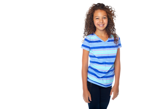 Portrait, smile and teen fashion with a girl isolated on a transparent background for youth style. Children or kids, happy and clothes with a cute young female child posing in a trendy outfit on PNG
