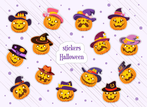Set of pumpkin jack lantern stickers in funny hats. Isolated items for greeting card design, print, party, decoration, Halloween celebration. Vector illustration. Emotions. hand-drawn drawing 