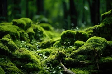 Gordijnen Enchanted forest moss texture background, luminescent and mystical mossy surface, whimsical and enchanting backdrop, rare and mystical © Kanisorn