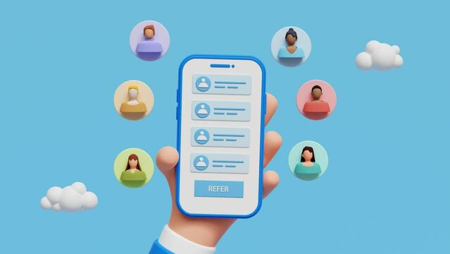 Referral program concept. Hand holding phone. Business partnership strategy with group of people.Network marketing,Referring friends, affiliate marketing concept.Landing page template. 3d animation